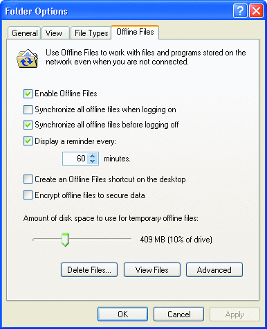 図 7 Windows XP でオフライン ファイル用のディスク領域を設定する