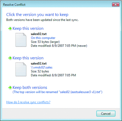 図 9 ファイルへの変更が競合していることを示す Windows Vista の通知