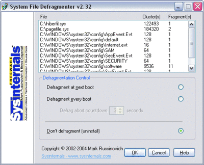 図 1 PageDefrag により、処理可能な各ファイルの名前が表示される