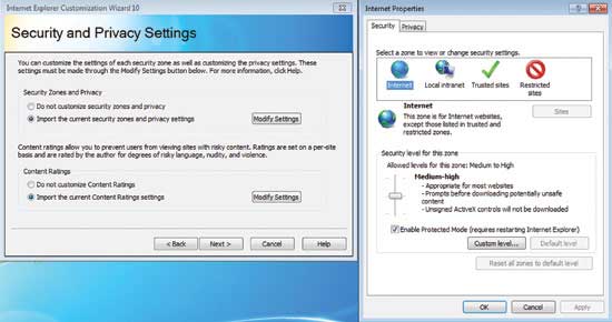 Internet Explorer カスタマイズ ウィザード 10 ではセキュリティ設定やプライバシー設定も非常に簡単に調整できます