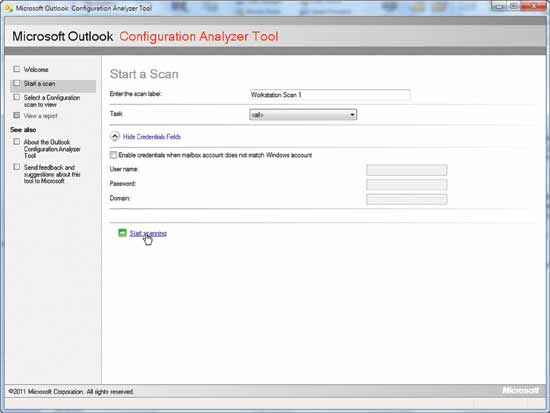 Microsoft Outlook Configuration Analyzer Tool の構成が完了したら、Outlook プロファイルのスキャンを開始できます