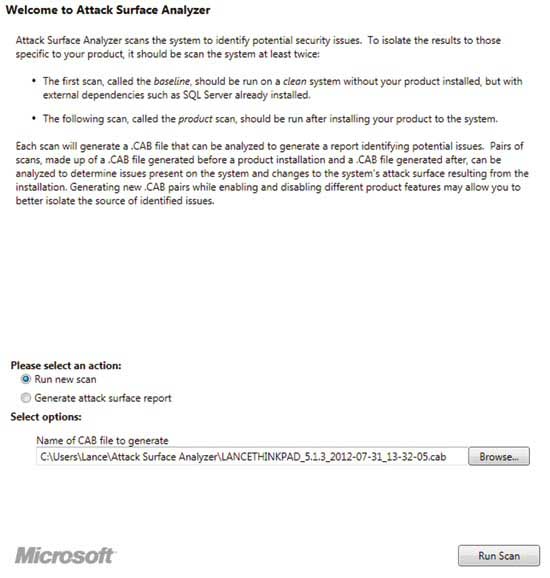 Microsoft Attack Surface Analyzer ツールで新しいスキャンを実行する