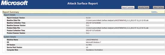 Attack Surface Analyzer ツールにより生成される最終的な Attack Surface Report (攻撃対象領域のレポート)
