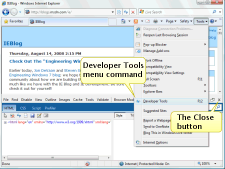 Internet Explorer 8 の [開発者ツール] ツール バー ボタンと [閉じる] ボタンの位置を示す図