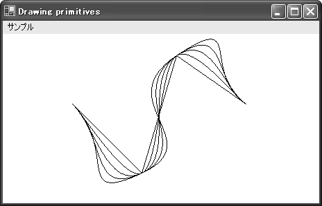 図18-2　テンションが0（直線）から2までの0.5刻み5つのカーディナルスプライン