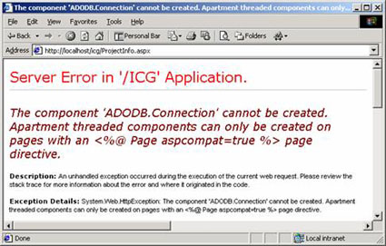 Figure 2: An error occurs when attempting to access an apartment threaded COM component through an ASP.NET page