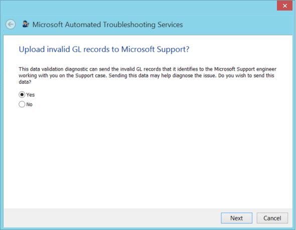 [Microsoft サポートへの GL レコードのアップロード] ページのスクリーンショット。