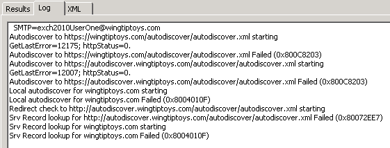 スクリーンショットは、ExcludeScpLookup の値が 1 に設定されているときの [ログ] タブの情報を示しています。