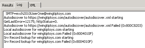 スクリーンショットは、ExcludeScpLookup と ExcludeHttpsAutoDiscoverDomain の値が 1 に設定されているときの [ログ] タブの情報を示しています。