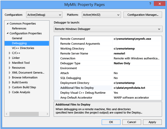 MyMfc project debugging property page