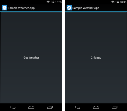 CrossPlat Xamarin FormsGuide 8 Weather App before and after tapping the button