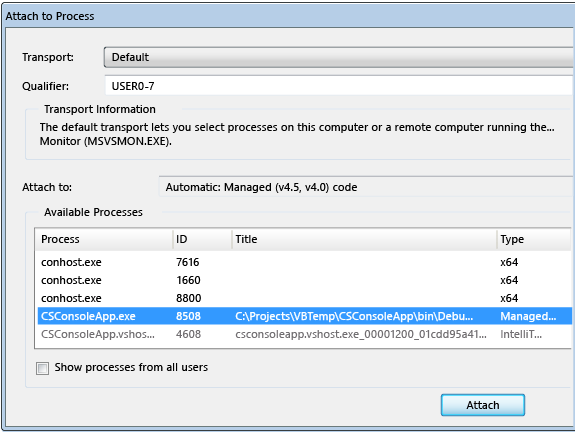 DBG_AttachToProcessDlg Attach to Process dialog box