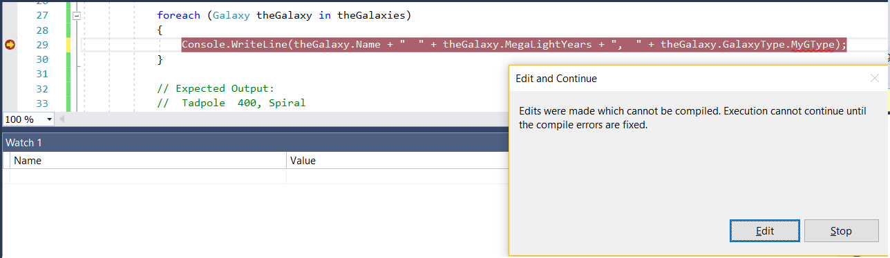 Screenshot of the Visual Studio Debugger with a line of code highlighted in red and an Edit and Continue message box with the Edit button selected.