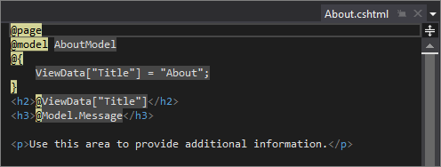 Screenshot shows the text of the About dot c s h t m l file in the Visual Studio code editor.