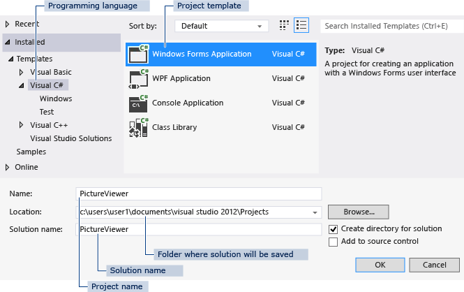 Screenshot shows the New project dialog box.