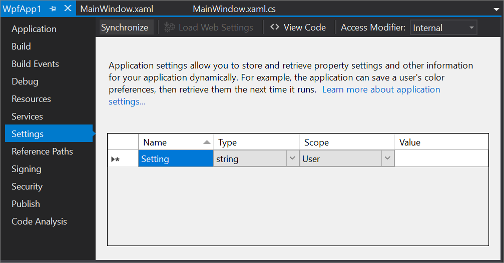 Screenshot of the Settings tab in the Project Designer for a WPF project in Visual Studio 2017.