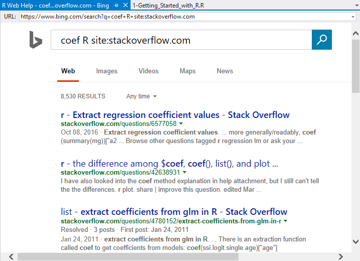 Web search results in Visual Studio