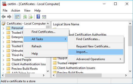 Import certificate command