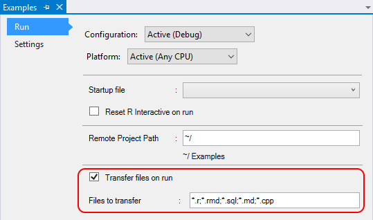 Project properties run tab with file transfer settings