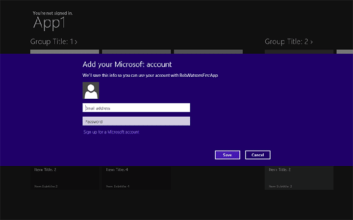 Microsoft アカウントのサインイン UI のスクリーン ショット