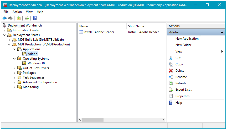 Screenshot of the Deployment Work Bench with Adobe Reader added.