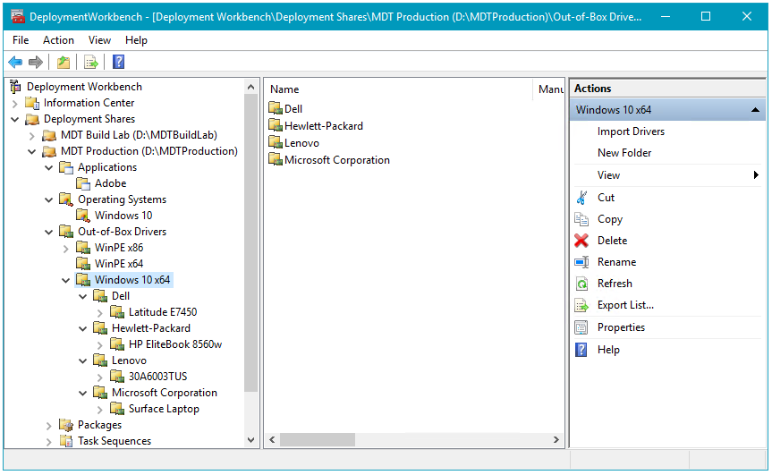 Screenshot of the Deployment Workbench with the out of box drivers structure.