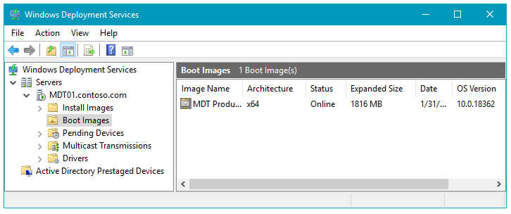 Screenshot of the Windows Deployment Services dialog box with Boot Images selected.
