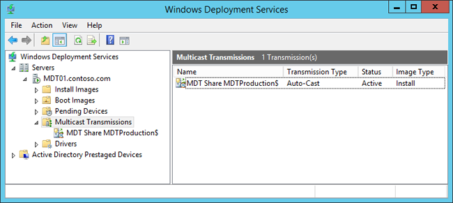 Screenshot of windows deployment services with multicast namespace created.