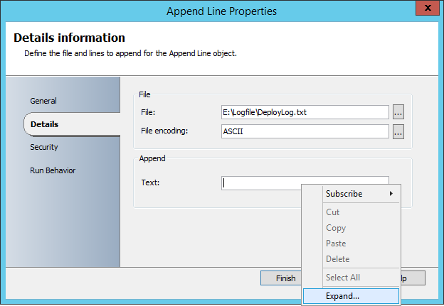 Screenshot of the append line properties set to expand.