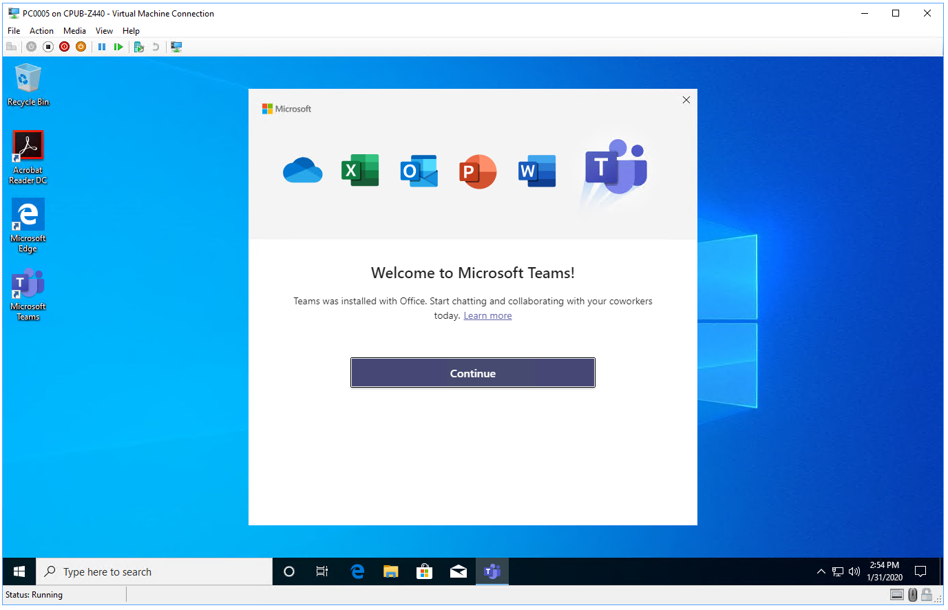 Screenshot of virtual machine showing Microsoft Office 365 pro plus installed.
