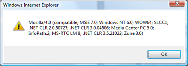ユーザー エージェント文字列を含む Internet Explorer の diaog ボックスのスクリーン ショット