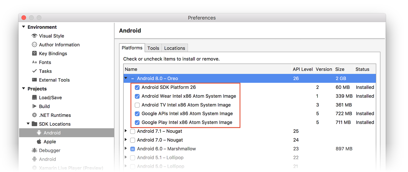 SDK マネージャーでの Android 8.0 パッケージの選択