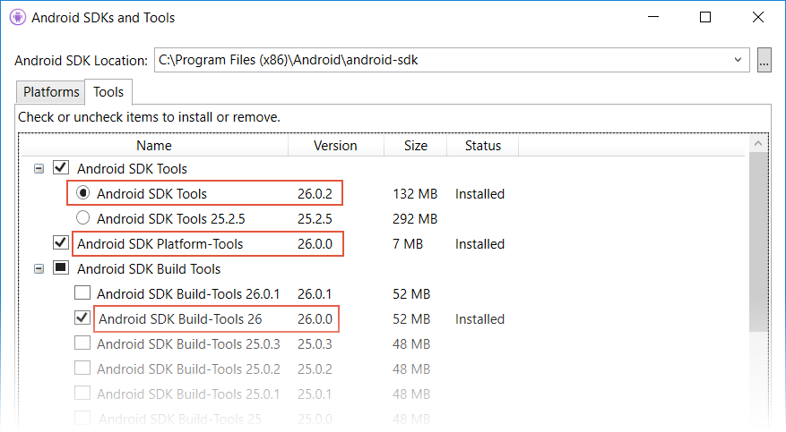Android SDK マネージャーでの Android SDK Tools 26 の選択