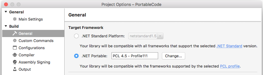 プロファイルを設定するための PCL プロジェクト オプション
