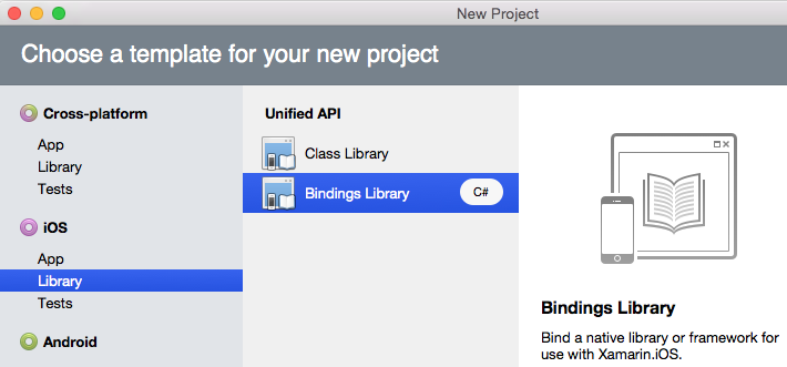 これを行うには、Visual Studio for Mac で、プロジェクト タイプに [iOS]、[ライブラリ]、[バインド ライブラリ] を選択します