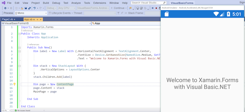 Xamarin.Forms ソリューションを作成して、.NET Standard プロジェクトを Visual Basic に置き換える