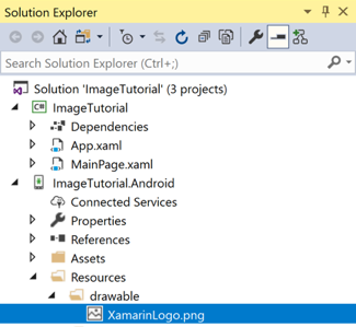 Visual Studio での Android リソースとしてのイメージ ファイルのスクリーンショット