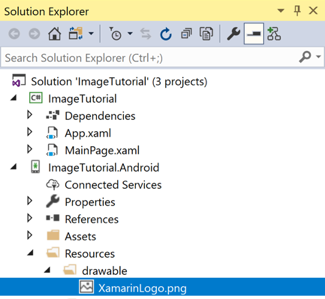Android リソース フォルダー内のローカル イメージ ファイル Visual Studio での Android リソースとしてのイメージ ファイルのスクリーンショット