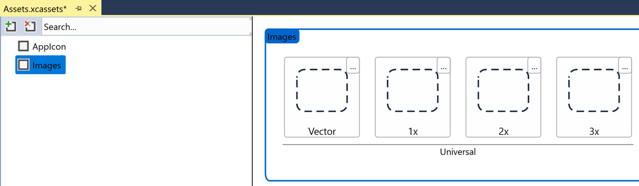 資産カタログのイメージ セット エディター Visual Studio での資産カタログ内の新しいイメージ セットのスクリーンショット