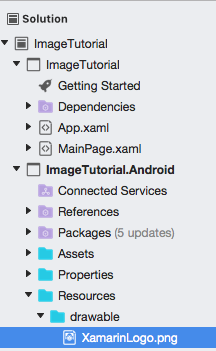Android リソース フォルダー内のローカル イメージ ファイル Visual Studio for Mac での Android リソースとしてのイメージ ファイルのスクリーンショット