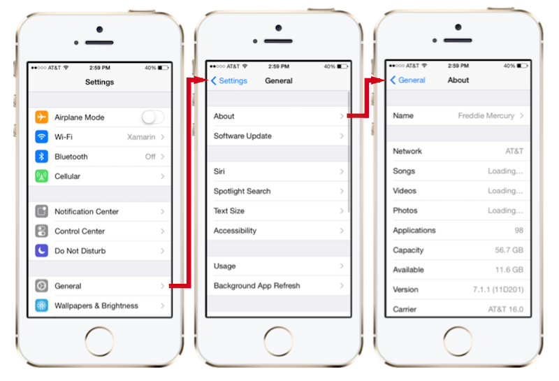 ナビゲーション コントローラーによって、ここで示す設定アプリのような iOS アプリケーションのナビゲーションが提供されます
