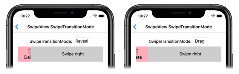 iOS での SwipeTransitionModes iOS での SwipeView SwipeTransitionModes のスクリーンショット