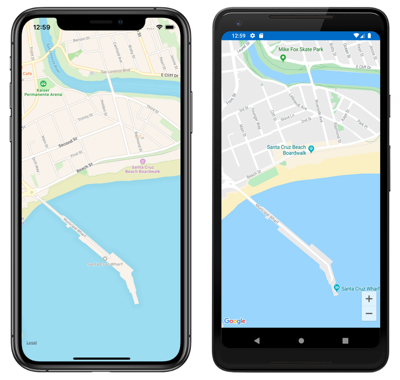 指定された場所を使用した iOS および Android 上のマップ コントロールのスクリーンショット