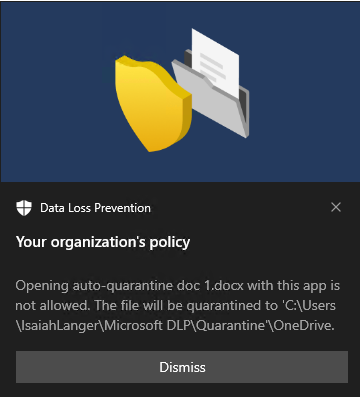 このスクリーンショットは、指定されたファイルに対して OneDrive 同期アクションが許可されておらず、ファイルが検疫されることを示すデータ損失防止ユーザー通知メッセージを示しています。