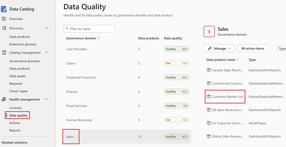 Screenshot of data quality page, with a business domain selected and a data product highlighted.