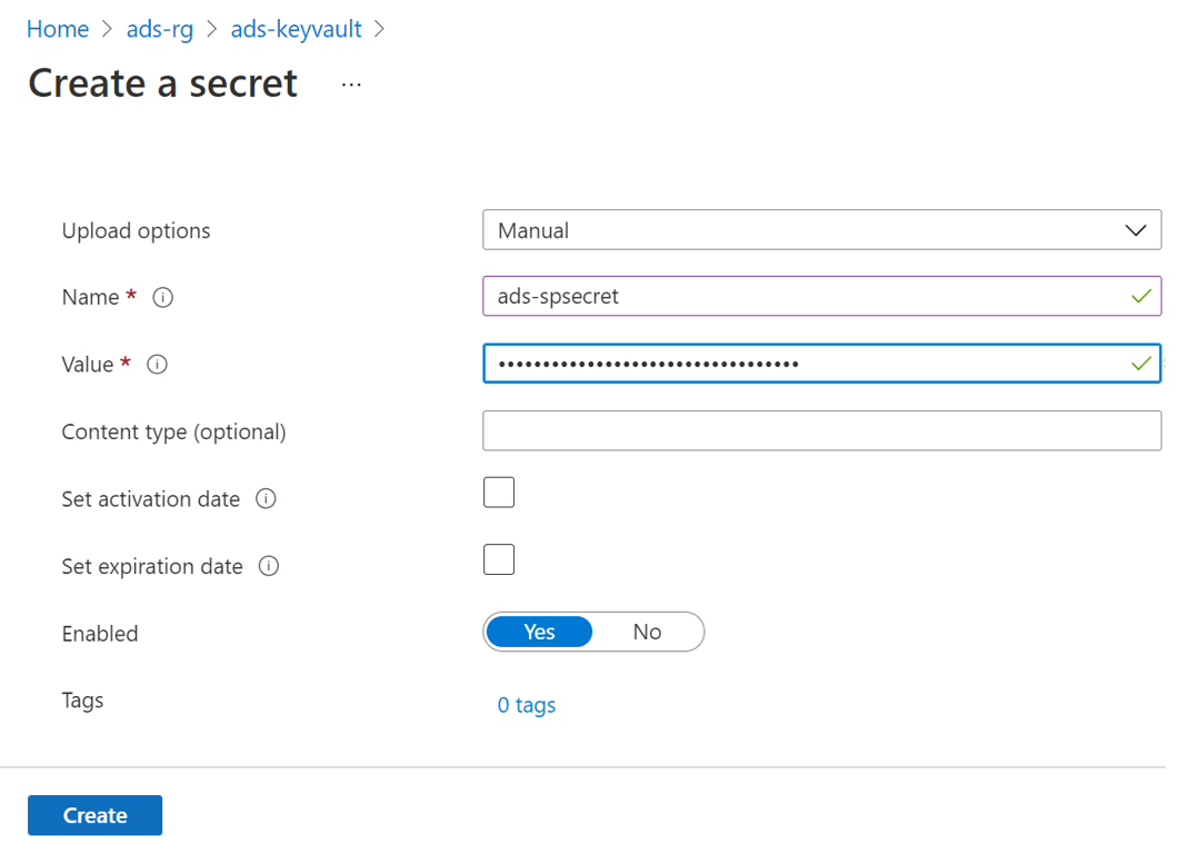 シークレットを作成する Key Vault を示すスクリーンショット。