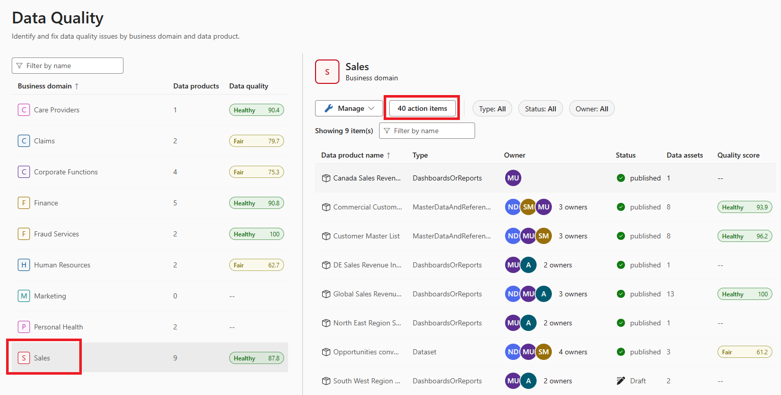 Screenshot of the data quality page, with a business domain selected.