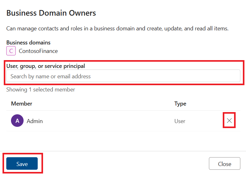 Screenshot of the business domains roles edit page with the search, x, and save buttons highlighted.