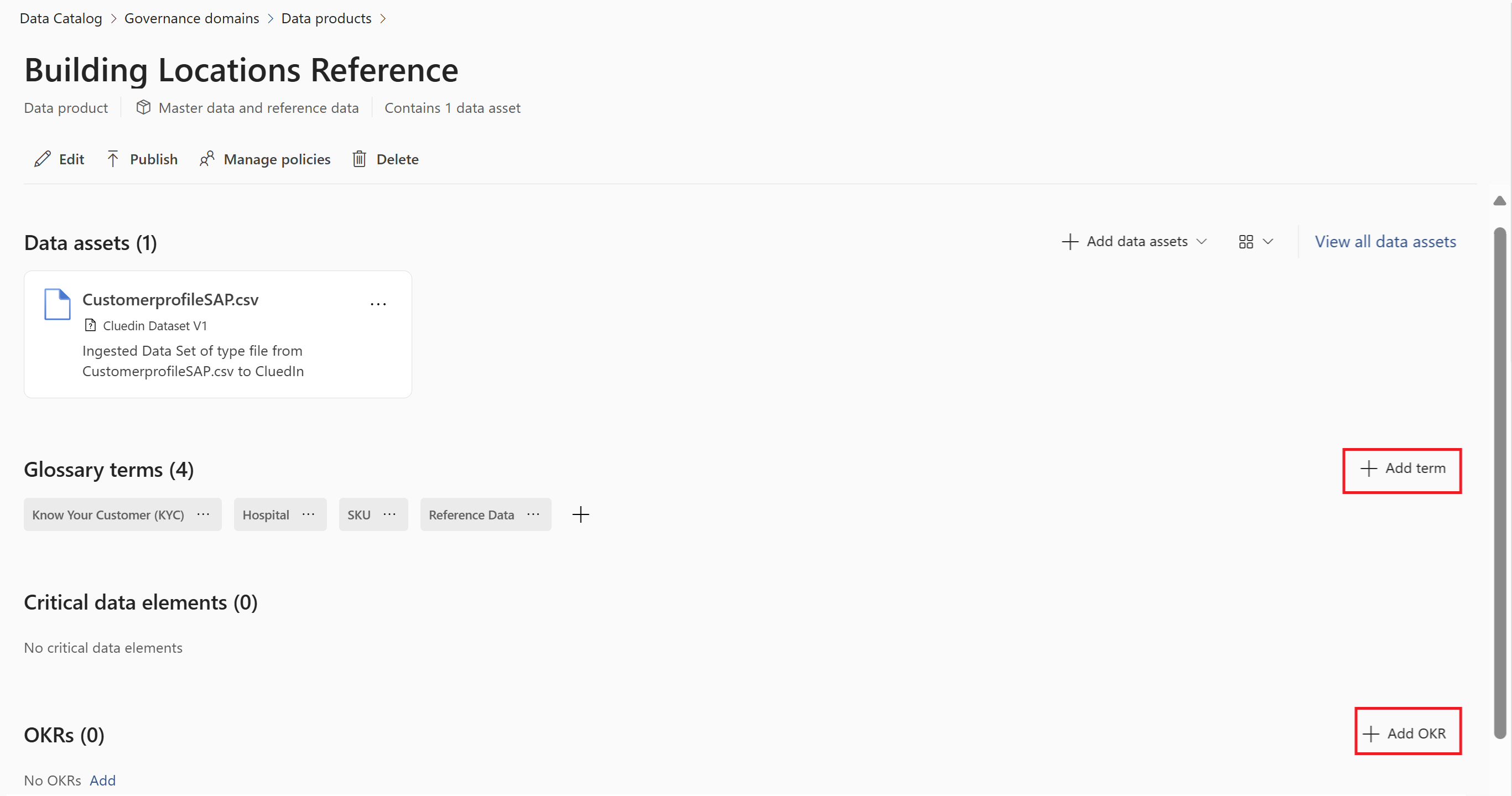 Screenshot of a data product detail page with the buttons to add OKRs and Glossary terms highlighted.