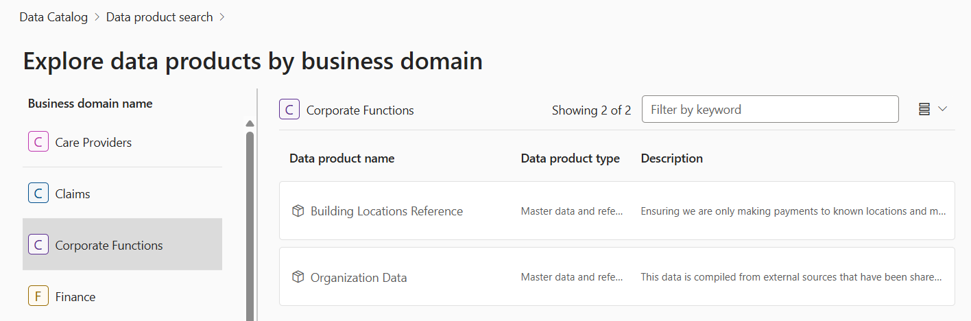 Screenshot of the Explore data products by business domain page, showing an example domain with two data products.